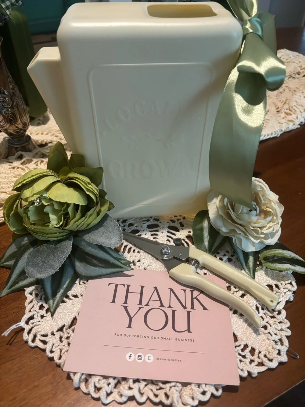 Garden Set Watering Can & Shears Gloves 🧤 Sage Ribbon Final Sale